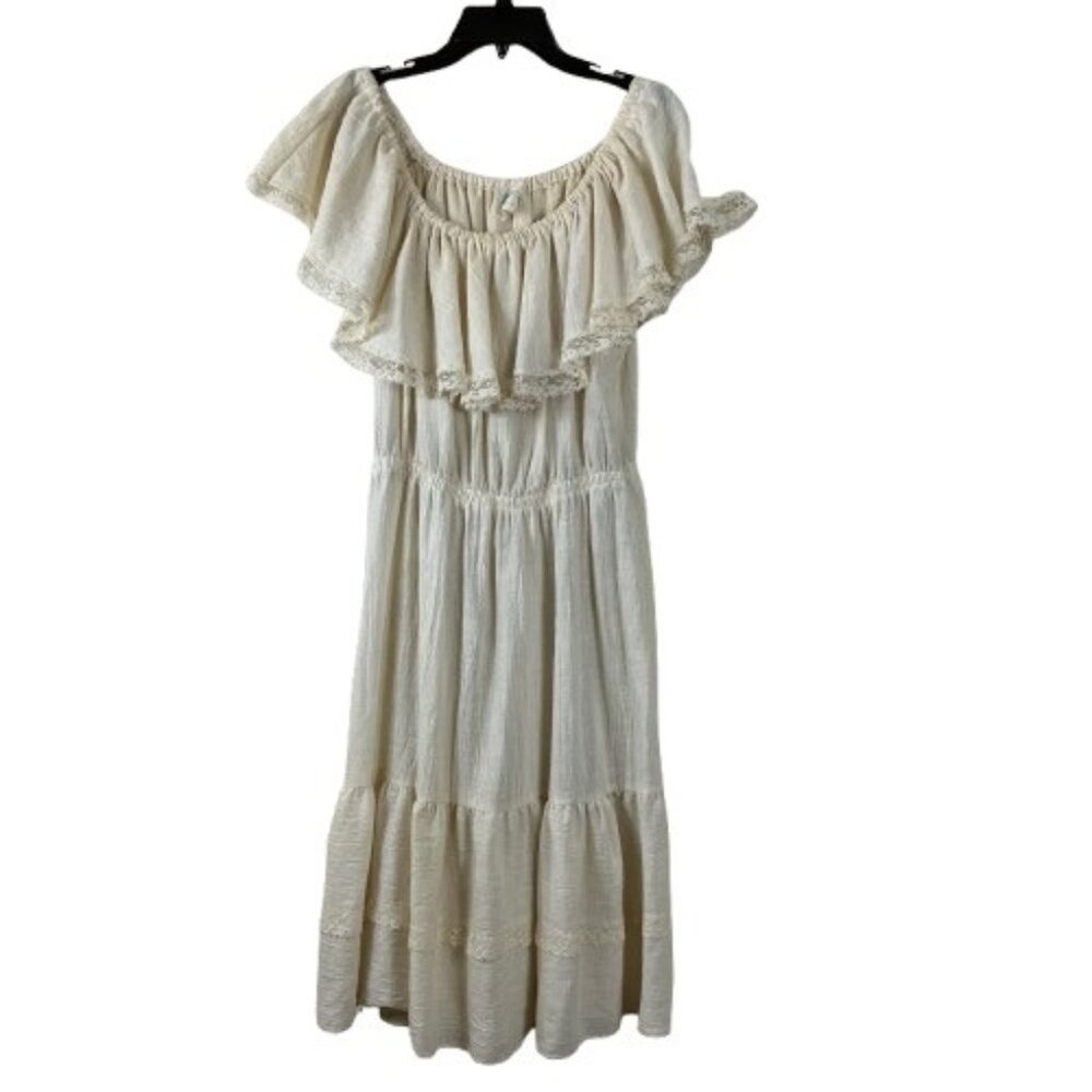 VTG 70s Spiegel Off the Shoulder Ruffled Tiered Peasant Dress Cream 11/12 Boho